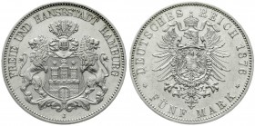 Reichssilbermünzen J. 19-178, Hamburg
5 Mark 1876 J. gutes vorzüglich