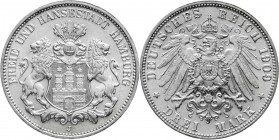 Reichssilbermünzen J. 19-178, Hamburg
3 Mark 1909 J. fast Stempelglanz