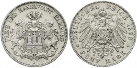 Reichssilbermünzen J. 19-178, Hamburg
5 Mark 1896 J. Seltenes Jahr. 
gutes sehr schön, Randfehler