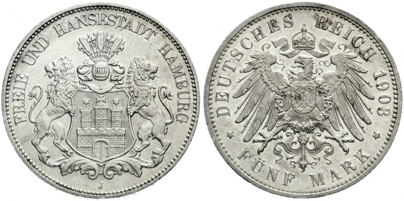 Reichssilbermünzen J. 19-178, Hamburg
5 Mark 1903 J. vorzüglich/Stempelglanz