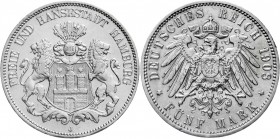 Reichssilbermünzen J. 19-178, Hamburg
5 Mark 1908 J. gutes vorzüglich
