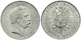 Reichssilbermünzen J. 19-178, Hessen, Ludwig III., 1848-1877
5 Mark 1876 H. prägefrisch/fast Stempelglanz, winz. Kratzer, selten in dieser Erhaltung...