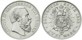 Reichssilbermünzen J. 19-178, Hessen, Ludwig IV., 1877-1892
2 Mark 1888 A. vorzüglich/Stempelglanz, selten in dieser Erhaltung