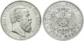 Reichssilbermünzen J. 19-178, Hessen, Ludwig IV., 1877-1892
5 Mark 1891 A. vorzüglich/Stempelglanz, winz. Kratzer und kl. Randfehler