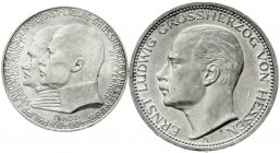 Reichssilbermünzen J. 19-178, Hessen, Ernst Ludwig, 1892-1918
2 Stück: 2 Mark 1904, zum 400. Geburtstag und 3 Mark 1910 A. 
prägefrisch und vorzügli...