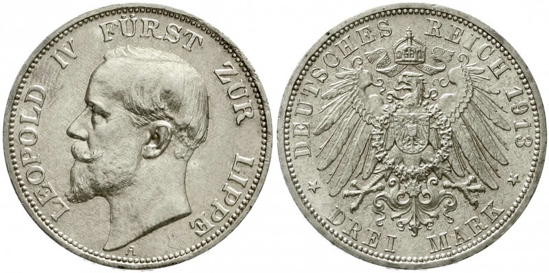 Reichssilbermünzen J. 19-178, Lippe, Leopold IV., 1904-1918
3 Mark 1913 A. vorz...