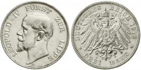 Reichssilbermünzen J. 19-178, Lippe, Leopold IV., 1904-1918
3 Mark 1913 A. vorzüglich
