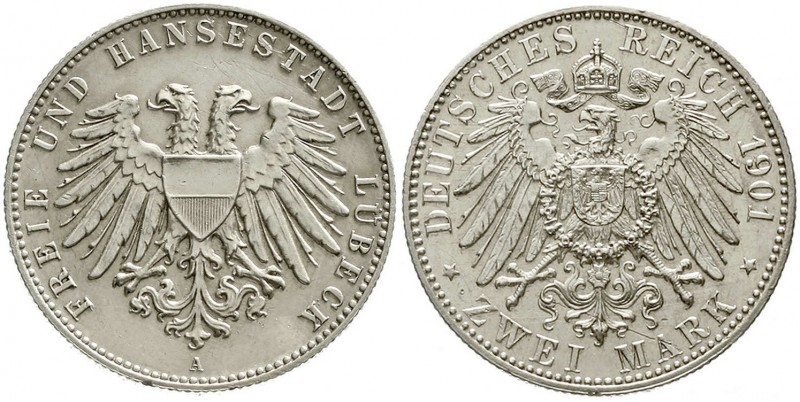 Reichssilbermünzen J. 19-178, Lübeck
2 Mark 1901 A. gutes vorzüglich, kl. Kratz...