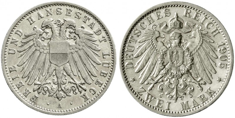 Reichssilbermünzen J. 19-178, Lübeck
2 Mark 1905 A. vorzüglich