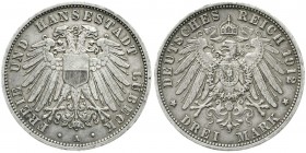 Reichssilbermünzen J. 19-178, Lübeck
3 Mark 1912 A. sehr schön, winz. Randfehler