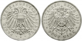 Reichssilbermünzen J. 19-178, Lübeck
5 Mark 1913 A. Auflage nur 6 T. Ex. 
vorzüglich/Stempelglanz