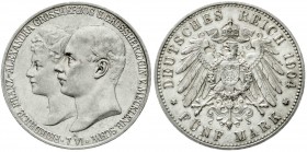 Reichssilbermünzen J. 19-178, Mecklenburg-Schwerin, Friedrich Franz IV., 1897-1918
5 Mark 1904 A. Zur Hochzeit. 
vorzüglich