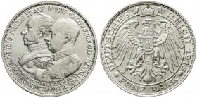 Reichssilbermünzen J. 19-178, Mecklenburg-Schwerin, Friedrich Franz IV., 1897-1918
5 Mark 1915 A. 100 Jahrfeier. 
vorzüglich/Stempelglanz