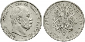 Reichssilbermünzen J. 19-178, Preußen, Wilhelm I., 1861-1888
5 Mark 1876 A. fast vorzüglich