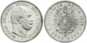 Reichssilbermünzen J. 19-178, Preußen, Wilhelm I., 1861-1888
5 Mark 1876 B. vorzüglich/Stempelglanz, kl. Kratzer und kl. Randfehler