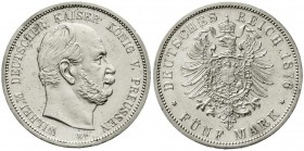 Reichssilbermünzen J. 19-178, Preußen, Wilhelm I., 1861-1888
5 Mark 1876 B. vorzüglich/Stempelglanz, kl. Kratzer und winz. Randfehler