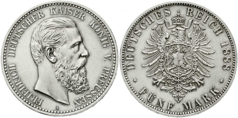 Reichssilbermünzen J. 19-178, Preußen, Friedrich III., 1888
5 Mark 1888 A. präg...