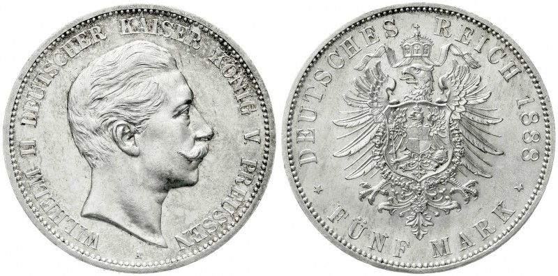 Reichssilbermünzen J. 19-178, Preußen, Wilhelm II., 1888-1918
5 Mark 1888 A. Kl...