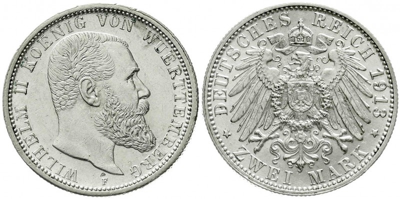 Reichssilbermünzen J. 19-178, Württemberg, Wilhelm II., 1891-1918
2 Mark 1913 F...