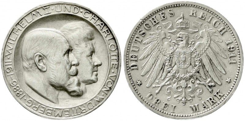 Reichssilbermünzen J. 19-178, Württemberg, Wilhelm II., 1891-1918
3 Mark 1911 F...