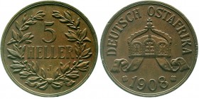 Kolonien und Nebengebiete, Deutsch Ostafrika
5 Heller 1908 J. Größte deutsche Kupfermünze. 
gutes sehr schön, kl. Randfehler