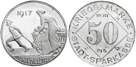 Notmünzen/Wertmarken, Bielefeld
Silberabschlag vom 50 Pfennig-Stück 1917. 6,91 g. 
Polierte Platte, von größter Seltenheit