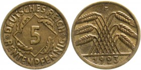 Weimarer Republik, Kursmünzen, 5 Rentenpfennig, messingfarben 1923-1925
1923 F. vorzüglich, selten