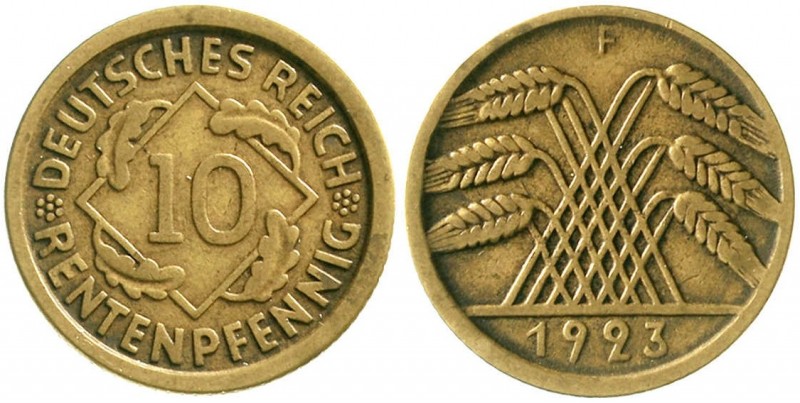 Weimarer Republik, Kursmünzen, 10 Rentenpfennig, messingfarben 1923-1925
1923 F...
