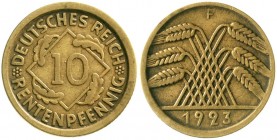 Weimarer Republik, Kursmünzen, 10 Rentenpfennig, messingfarben 1923-1925
1923 F. sehr schön, selten