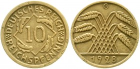 Weimarer Republik, Kursmünzen, 10 Reichspfennig, messingfarben 1924-1936
1928 G. sehr schön, selten