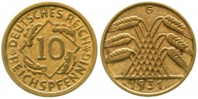 Weimarer Republik, Kursmünzen, 10 Reichspfennig, messingfarben 1924-1936
1931 G. sehr schön, selten