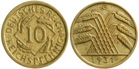 Weimarer Republik, Kursmünzen, 10 Reichspfennig, messingfarben 1924-1936
1931 G. sehr schön, selten