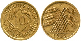 Weimarer Republik, Kursmünzen, 10 Reichspfennig, messingfarben 1924-1936
1932 G. Mit Echtheitsgutachten Paproth. 
gutes sehr schön, sehr selten
