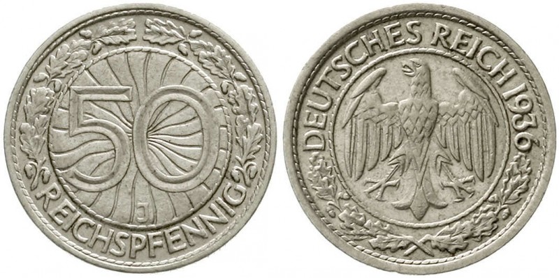 Weimarer Republik, Kursmünzen, 50 Reichspfennig, Nickel 1927-1938
1936 J. sehr ...