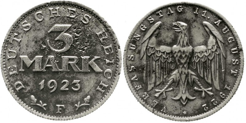 Weimarer Republik, Kursmünzen, 3 Mark, Aluminium mit Umschrift 1922-1923
1923 F...