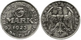 Weimarer Republik, Kursmünzen, 3 Mark, Aluminium mit Umschrift 1922-1923
1923 F. sehr schön, aus dem Brandschutt der Stuttgarter Münze, sehr selten...