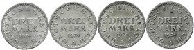Weimarer Republik, Kursmünzen, 3 Mark, Silber 1924-1925
4 X 3 Reichsmark 1924 A. schön bis sehr schön