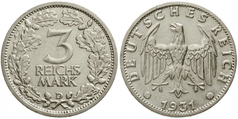 Weimarer Republik, Kursmünzen, 3 Reichsmark, Silber 1931-1933
1931 D. sehr schö...