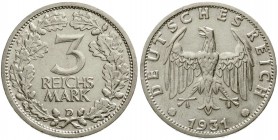 Weimarer Republik, Kursmünzen, 3 Reichsmark, Silber 1931-1933
1931 D. sehr schön/vorzüglich