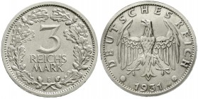 Weimarer Republik, Kursmünzen, 3 Reichsmark, Silber 1931-1933
1931 E. fast Stempelglanz, winz. Kratzer, Prachtexemplar