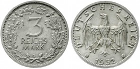 Weimarer Republik, Kursmünzen, 3 Reichsmark, Silber 1931-1933
1932 G. vorzüglich/Stempelglanz, min. Randfehler, selten