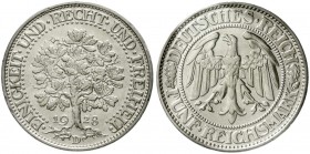 Weimarer Republik, Kursmünzen, 5 Reichsmark Eichbaum Silber 1927-1933
1928 D. sehr schön/vorzüglich, kl. Randfehler