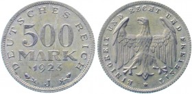 Weimarer Republik, Kursmünzen, 500 Mark, Aluminium 1923
5 X 1923 J. meist vorzüglich/Stempelglanz