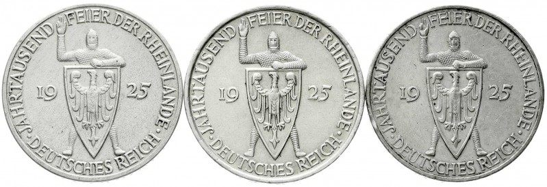 Weimarer Republik, Gedenkmünzen, 5 Reichsmark Rheinlande
3 Stück: 1925 A, D und...