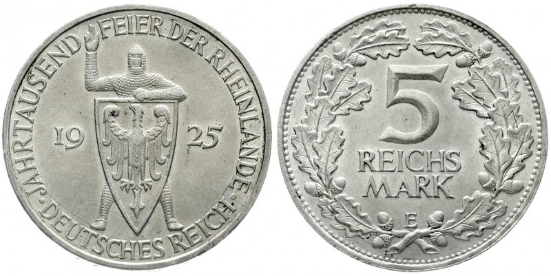 Weimarer Republik, Gedenkmünzen, 5 Reichsmark Rheinlande
1925 E. fast Stempelgl...