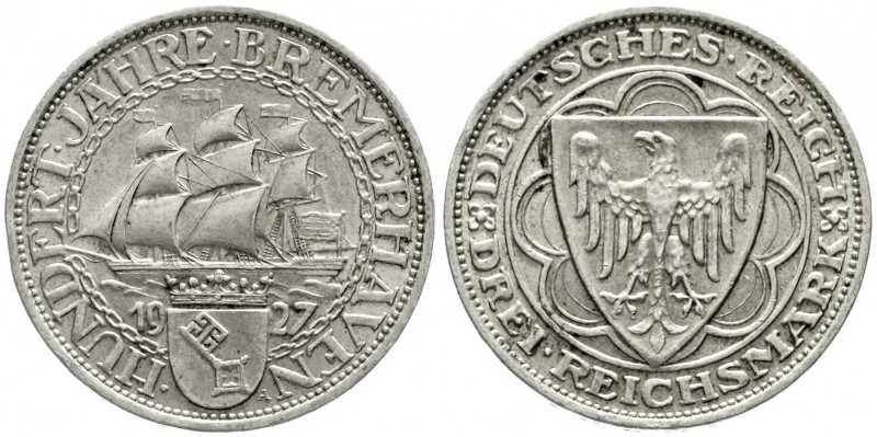 Weimarer Republik, Gedenkmünzen, 3 Reichsmark Bremerhaven
1927 A. vorzüglich