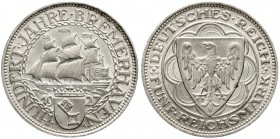 Weimarer Republik, Gedenkmünzen, 5 Reichsmark Bremerhaven
1927 A. fast Stempelglanz, winz. Randfehler