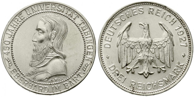 Weimarer Republik, Gedenkmünzen, 3 Reichsmark Tübingen
1927 F. vorzüglich/Stemp...