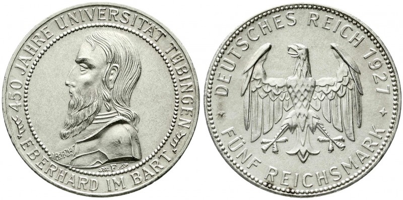 Weimarer Republik, Gedenkmünzen, 5 Reichsmark Tübingen
1927 F. gutes vorzüglich...