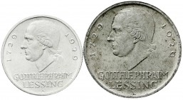 Weimarer Republik, Gedenkmünzen, 5 Reichsmark Lessing
2 Stück: 3 und 5 Reichsmark 1929 A. beide vorzüglich